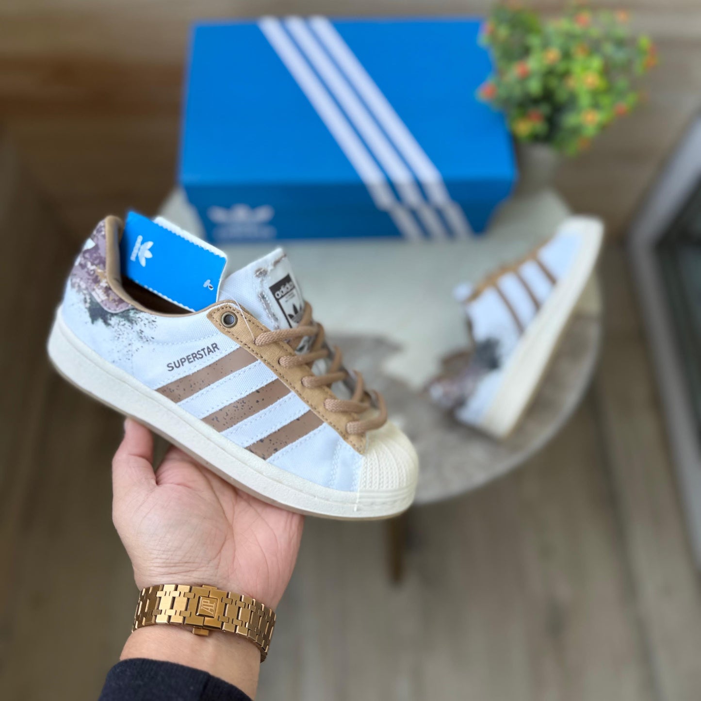 adidas superstar brown white